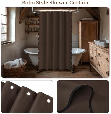 BTTN Narrow Boho Scalloped Linen Textured Shower Curtain Set, 54x72, Brown