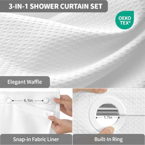 Dynamene White Hook Free Waffle Shower Curtain & Snap-in Fabric Liner,72x93