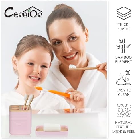 CERBIOR Bamboo Bathroom Accessories Set 6 Piece Bath Ensemble（Pink）