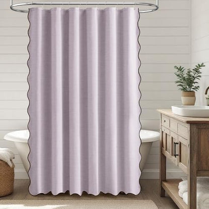 BTTN Lavender Boho Scalloped Linen Textured Cloth Shower Curtain Set, 72x72