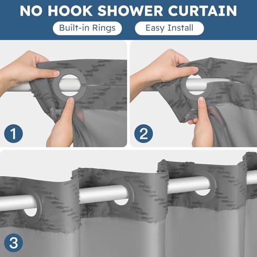 FADOTY Grey No Hook Shower Curtain Set with Snap in Liner, 71'' x 86''