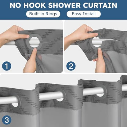 FADOTY Grey No Hook Shower Curtain Set with Snap in Liner, 71'' x 86''