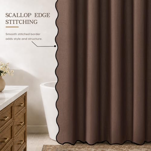 Furlinic Brown Shower Curtain No Hook Scalloped Waterproof Fabric W48 x H75
