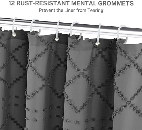 Extra Long Boho Grey Woven Fabric 84 Inch Shower Curtain 72 x 84 Tufted Chevron Striped Shabby Chic Textured, Modern Farmhouse Minimalist, Water Resistant Curtain Set for Bathroom, Hotel Decor
