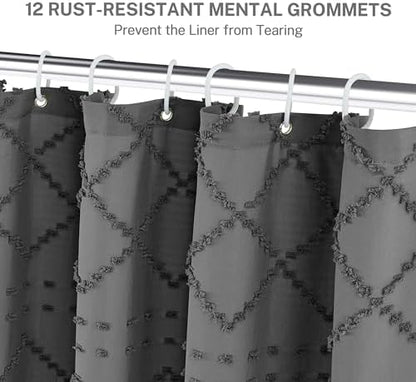 Extra Long Boho Grey Woven Fabric 84 Inch Shower Curtain 72 x 84 Tufted Chevron Striped Shabby Chic Textured, Modern Farmhouse Minimalist, Water Resistant Curtain Set for Bathroom, Hotel Decor