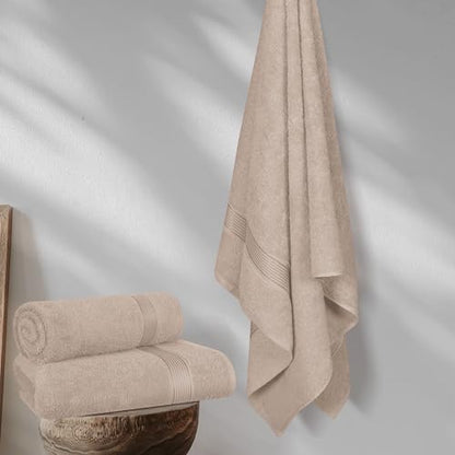 Belizzi Home Cotton 2 Pack Oversized Bath Towel Set 28x55 inches, Large Bath Towels, Ultra Absorbant Compact Quickdry & Lightweight Towel, Ideal for Gym Travel Camp Pool - Tan