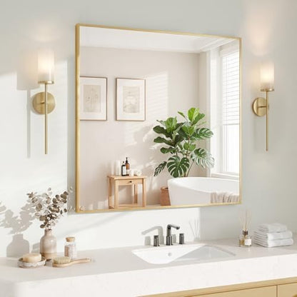Koonmi Gold Mirrors for Wall, 30x30 Inch Bathroom Mirror, Rectangular Wall Mirror for Living Room Bedroom Bathroom, Hangs Horizontally or Vertically
