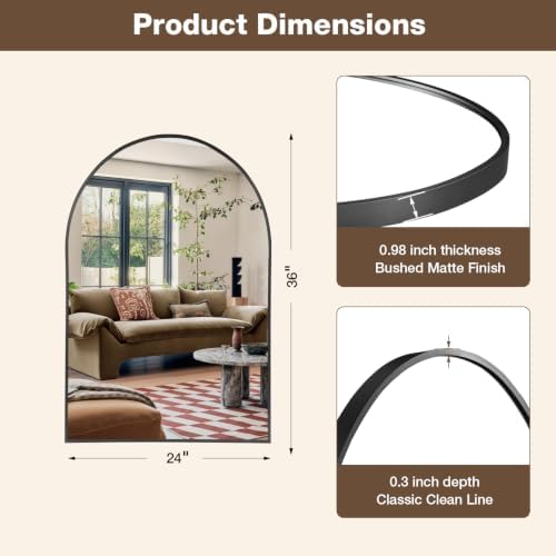 24"x36" Matte Black Arched Vanity Bathroom Mirror, Set of 2