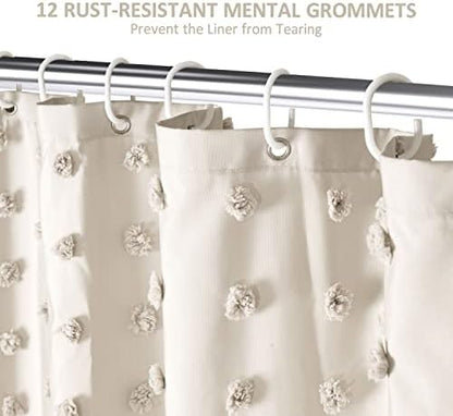 Siiluminisoy Small Stall Boho Shower Curtain Woven Fabric Cute Beige Shower Curtain, 36 x 72 Tufted Pleat Floral Textured Modern Farmhouse Minimalist Shower Curtain Set with Hooks for Bathroom