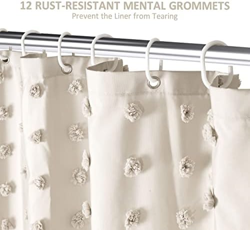 Siiluminisoy Extra Long Beige Boho Shower Curtain Woven Fabric Cute Shower Curtain, 72 x 96 Tufted Pleat Floral Puffs Textured Modern Farmhouse Minimalist Shower Curtain Set with Hooks for Bathroom