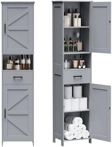 Homhedy 67" H Tall Bathroom Storage Cabinet with Barn Doors and Drawer