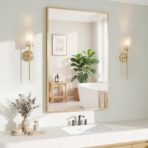 Koonmi Gold Rectangle Wall Mirror, 24x32 Inch Bathroom Mirror, Aluminum Frame Vanity Mirror for Entryway, Living Room, Bedroom Bathroom, Hangs Horizontally or Vertically