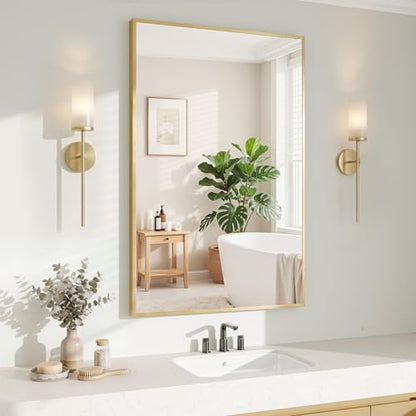 Koonmi Gold Rectangle Wall Mirror, 24x32 Inch Bathroom Mirror, Aluminum Frame Vanity Mirror for Entryway, Living Room, Bedroom Bathroom, Hangs Horizontally or Vertically
