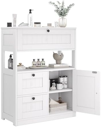 GRUSIGN Bathroom Cabinet, Modern Bathroom Floor Storage Cabinet Organizer with 1 Door and 3 Drawers, Freestanding Cupboard for Kitchen/Living Room Use