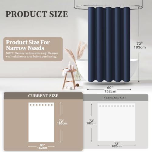 BTTN 60x72 Linen Textured Waterproof Fabric Shower Curtain Set, Navy Blue