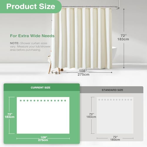 Dynamene Extra Wide Waffle Shower Curtain 256 GSM Fabric 108x72 Cream/Ivory