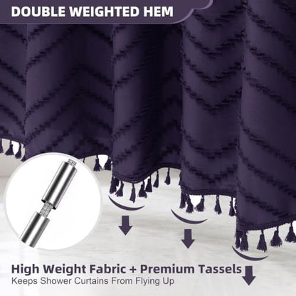 Siiluminisoy Boho Dark Purple Shower Curtain, 72 x 72 Woven Fabric Tufted Chevron Textured Striped Modern Farmhouse Minimalist for Bathroom