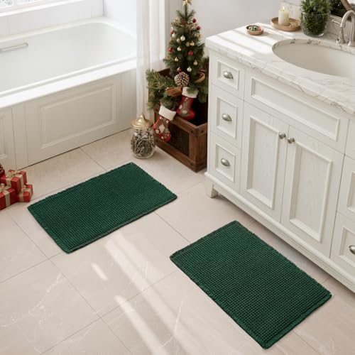 MIULEE Set of 2 Waffle Bathroom Rugs Boho Bath Mat Dark Green 17x24 Inch