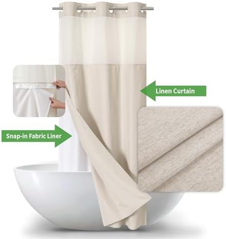eachope No Hook Linen Texture Shower Curtain with Snap-in Liner,36x74 Cream