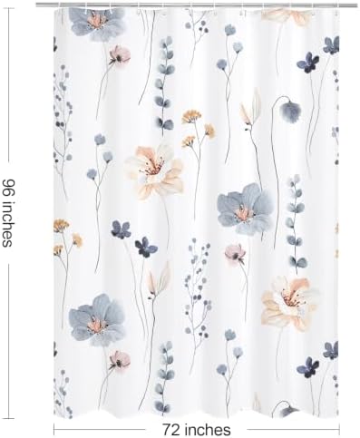 Gibelle Blue Beige Watercolor Floral Fabric Shower Curtain, 72x96