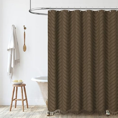 Dynamene Long Boho Farmhouse Shower Curtain Tufted Chevron 72"x78" Brown