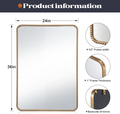 24"x36" Champagne Bronze Mirror for Bathroom, Champagne Bronze Vanity Mirror with Beaded Frame, Vintage Brass Gold Beaded Mirrors for Ornate Bedroom