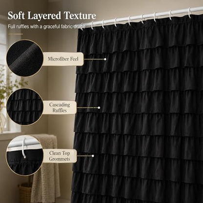 Black Ruffle Shower Curtain for Bathroom, 72x72, Cascading Layered Ruffles