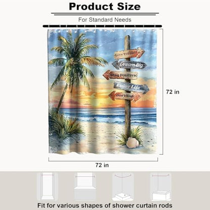 Beach Ocean Shower Curtain, Coastal Nautical Luxury Palm Tree Summer Shower Curtains for Bathroom, Waterproof Bath Curtain with Hooks Machine Washable Bathtub Curtains 72x72 Inch Colorful