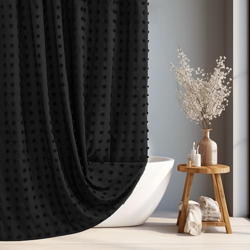 Siiluminisoy Extra Long Black Boho Shower Curtain Woven Fabric Cute Shower Curtain, 72 x 78 Tufted Pleat Floral Textured Modern Farmhouse Minimalist Shower Curtain Set with Hooks for Bathroom