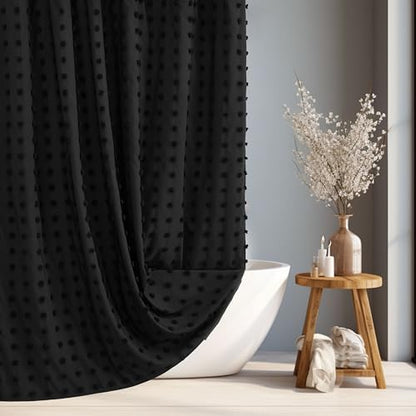 Siiluminisoy Extra Long Black Boho Shower Curtain Woven Fabric Cute Shower Curtain, 72 x 78 Tufted Pleat Floral Textured Modern Farmhouse Minimalist Shower Curtain Set with Hooks for Bathroom