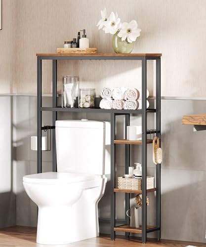 HOOBRO Over The Toilet Storage Cabinet, Freestanding Bathroom Organizer with Toilet Paper Holder, Hooks, 5-Tier Bathroom Storage Shelves for Laundry Room, Space Saver, Rustic Brown and Black BF84TS01