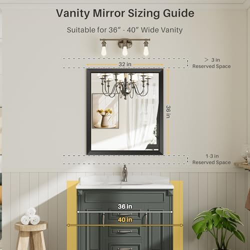 Briivue Black Metal Framed Bathroom Wall Mirror, 36x32 Inch
