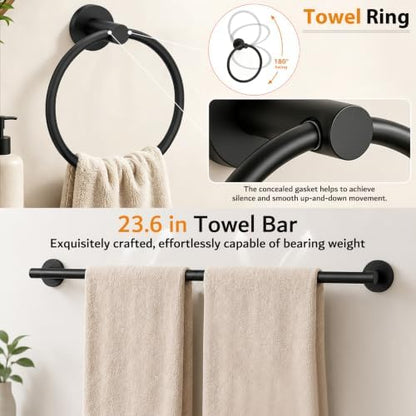 5 Piece Matte Black Bathroom Hardware Accessories Set, 24" Towel Bar Set