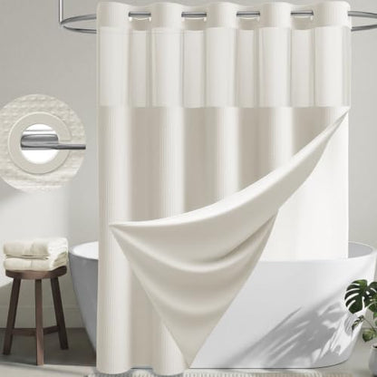 Dynamene Ivory Hook Free Waffle Shower Curtain & Snap-in Fabric Liner,72x99