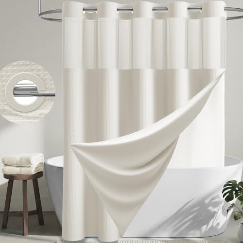 Dynamene Ivory Hook Free Waffle Shower Curtain & Snap-in Fabric Liner,72x75