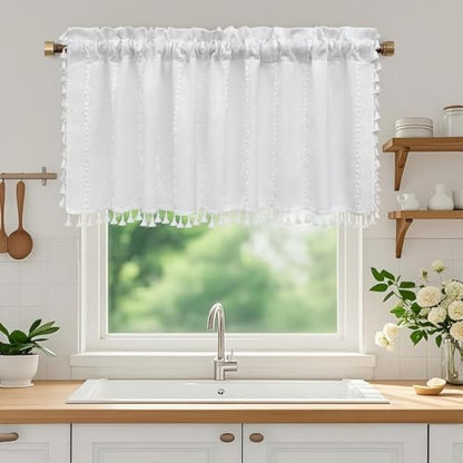 Seenus White Boho Farmhouse Valance Curtain with Tassels, 52 x 18 inch Linen Textured Window Curtain for Living Room, Striped Light Filtering Valance for Kitchen Bedroom Bathroom Rod Pocket
