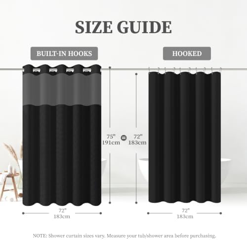 BTTN Black Ringless Linen Textured Shower Curtain with Snap in Liner, 72x75