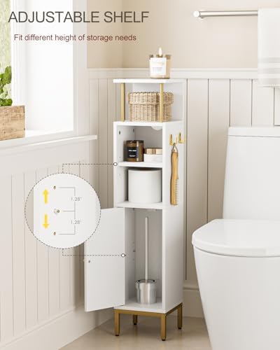 Bathroom Storage Cabinet,Small Corner Floor Cabinet with 2 Hook,Narrow Toilet Paper Cabinet with Adjustable Shelves,Bathroom Organizer for Living Room,Small Spaces (Wave, White-37''H)