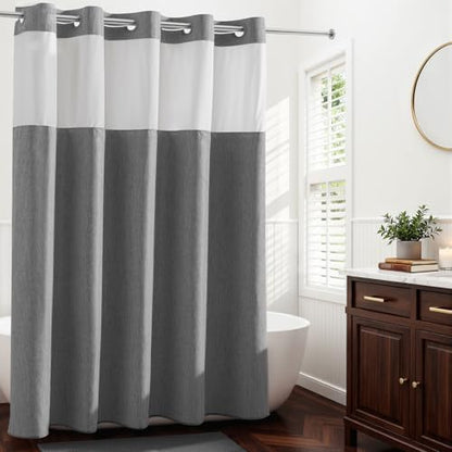 River Dream Linen Textured No Hooks Shower Curtain with Liner,Grey,71x86