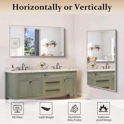 COFENY 30x55In Silver Bathroom Mirror for Wall, Brushed Nickel Rectangle Mirrors with Metal Frame, Bathroom Rectangular Mirror Modern Wall Mirror for Bedroom Living Room, Hangs Horizontal or Vertical
