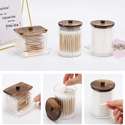 Tbestmax 4 Pack Qtip Holder Dispenser, 10/7oz Bathroom Container for Cotton Ball Cotton Swabs Pads, Apothecary Jar with Wood Lids for Organizer and Storage (Brown)