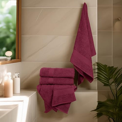 Large Bath Towels Set of 6 – 100% Cotton Terry – 24" x 50" – Quick Dry, Soft & Highly Absorbent – Burgundy Towels for Bathroom, Gym, Spa, Pool & Daily Use