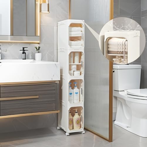 5-Tier Narrow Storage Cabinet Slim Bathroom Tall Skinny Organizer，Beige