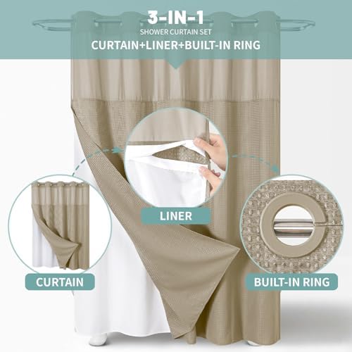 eachope No Hook Waffle Shower Curtain with Snap-in Liner, 71x80 Inch, Khaki