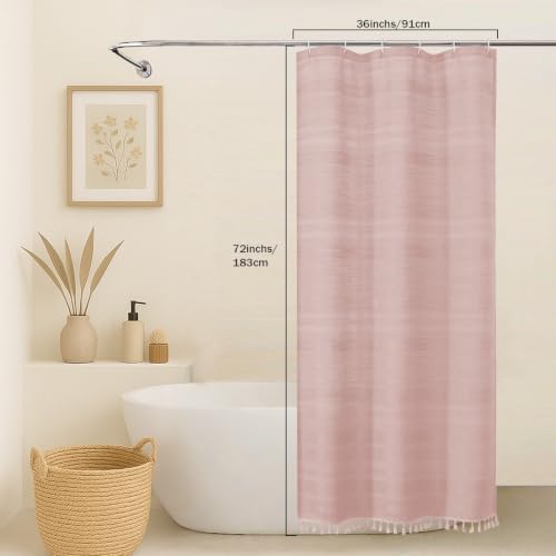 OVZME Small Stall Shower Curtain - Linen Textured Bathroom Curtain with Boho Tassel, Heavy Duty Farmhouse Bath Decor for RV Camper, Machine Washable, 36Wx72L Inches, Pink