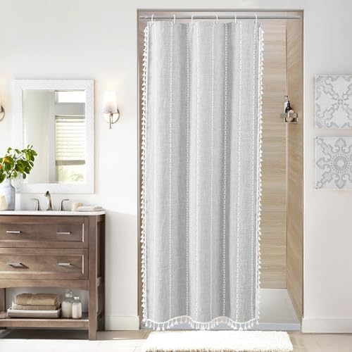 Farmhouse Tassel Linen Shower Curtain,3D Embroidery Stripe Light Grey,36x72