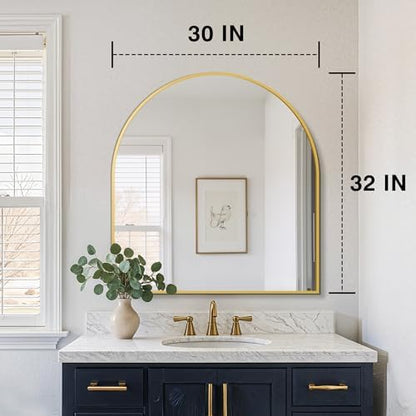 FICTOR 30" x 32" Arched Bathroom Vanity Mirror for Over Sink, Gold