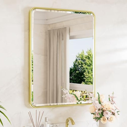 TETOTE Brushed Gold Mirror for Bathroom 22 x 30 Beveled Edge Tempered Glass, Rounded Corner Rectangle Bathroom Mirror for Over Sink for Modern Bathroom, Living Room, Bedroom, Entryway