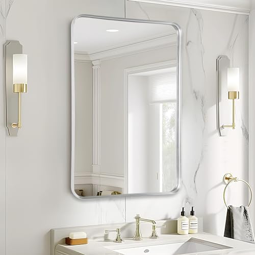 Silver Bathroom Vanity Mirror Over Sink 24x36, Large Wall Nickel Mirror