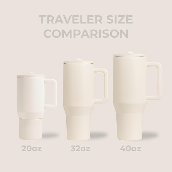 HydroJug Traveler - 32 oz Water Bottle with Handle & Flip Straw - Fits in Cup Holder, Leak Resistant Tumbler-Reusable Insulated Stainless Steel & Rubber Base - Gifts for Women & Men, Cream